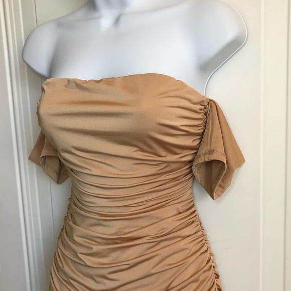 🔴 4/$15 H&M gold sexy fitted shirred & ruched ss mini party dress size M in EUC - Picture 9 of 14